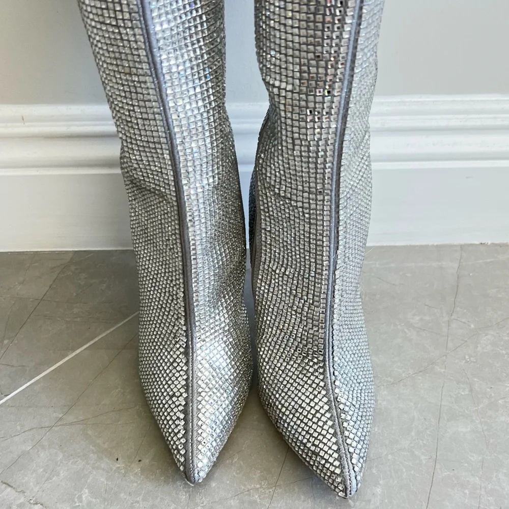 STEVE MADDEN Skyscraper Rhinestone Bling Silver Over The Knee Heels Boots Sz 6.5
